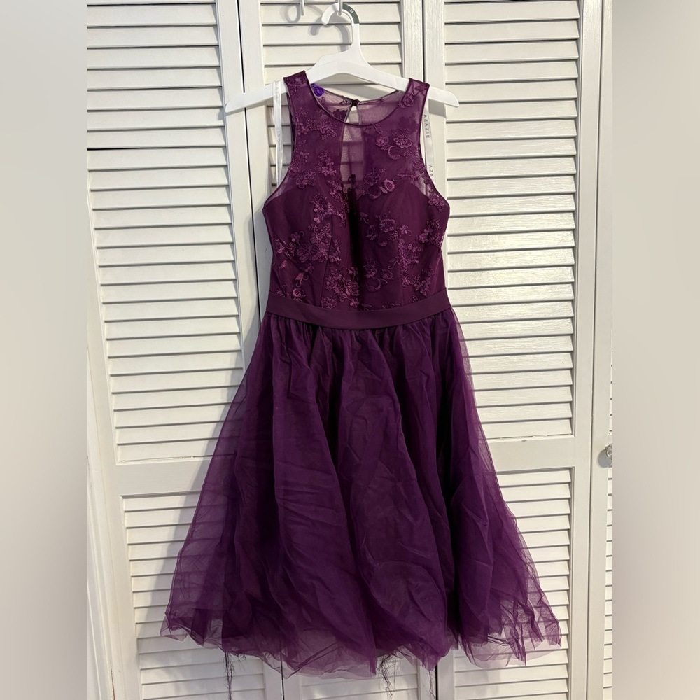Azazie Deep Purple Kids Dress with Floral Details